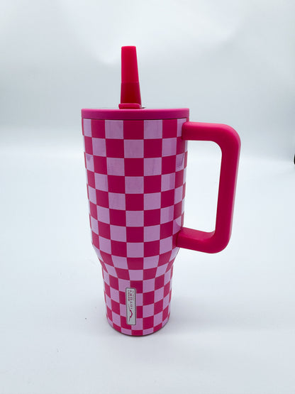 Pink Checkered 30oz Tumbler with Handle & Straw