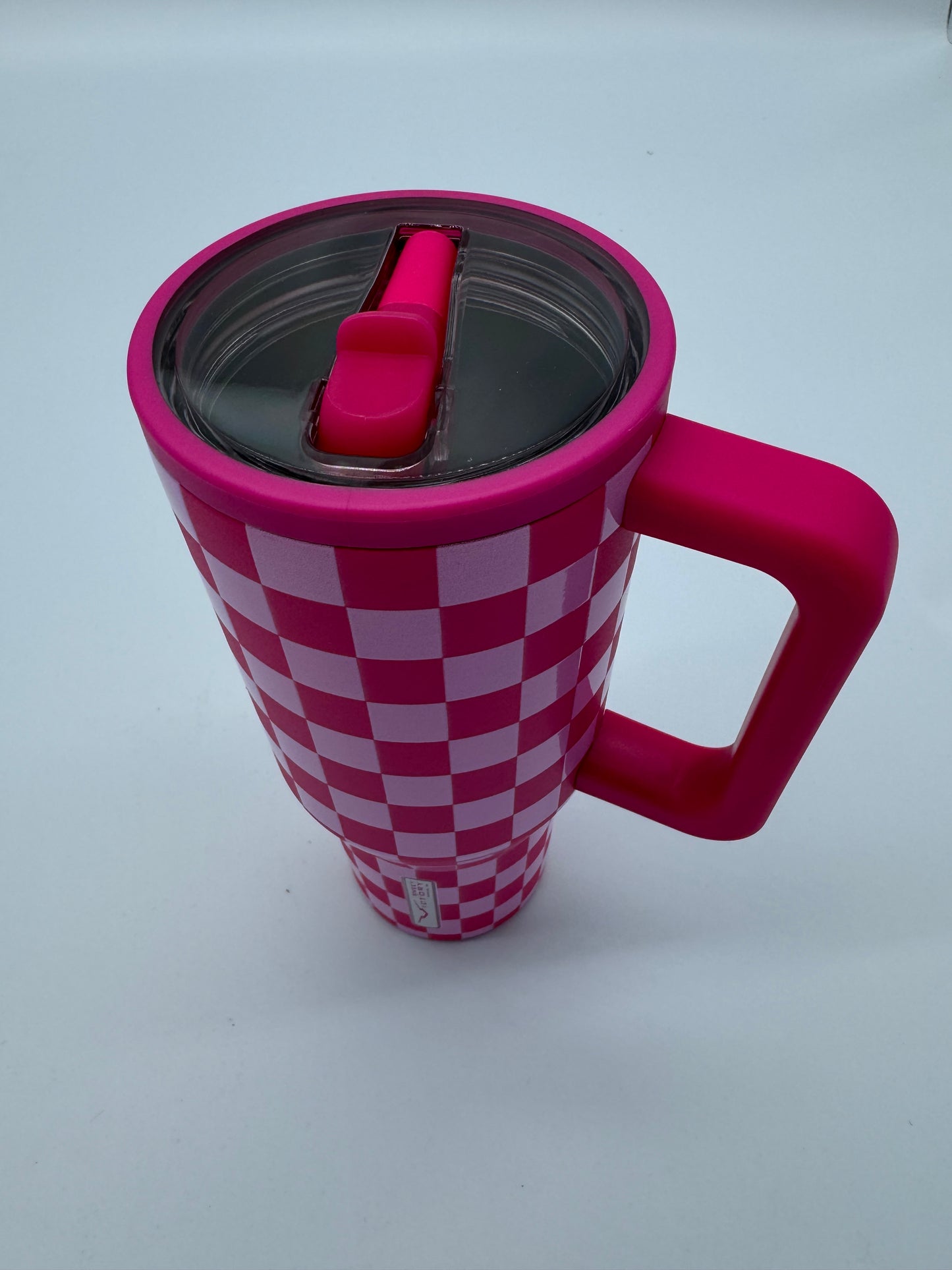 Pink Checkered 30oz Tumbler with Handle & Straw