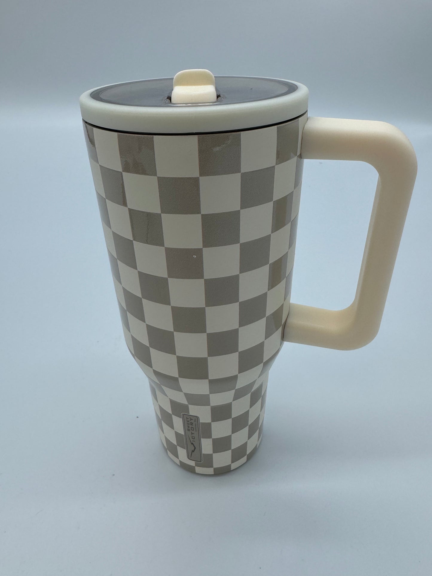 Creme Checkered 30oz Tumbler with Handle & Straw.