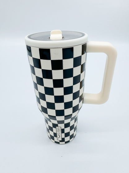 Black Checkered 30oz Tumbler with Handle & Straw