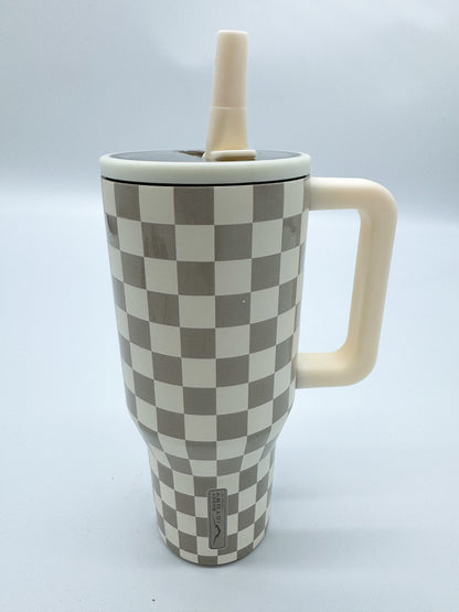 Creme Checkered 30oz Tumbler with Handle & Straw.